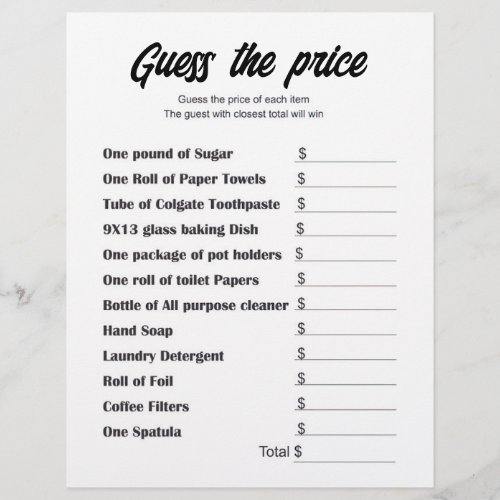 Guess the Price Bridal Shower Game Card Flyer