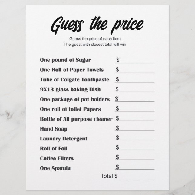 Guess the Price Bridal Shower Game Card Flyer (Front)