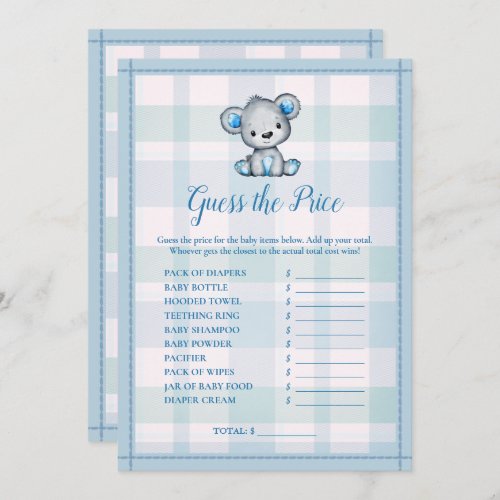 Guess The Price Cute Gray Bear Boy Shower Game Invitation