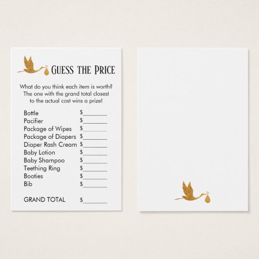 Guess the Price Faux Gold Stork Shower Game Card (Front & Back)
