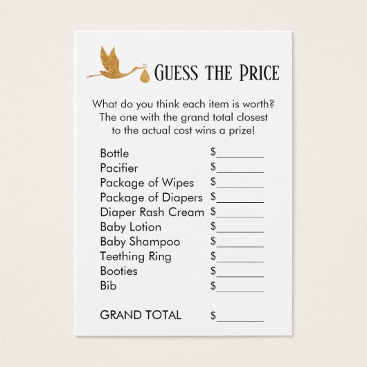 Guess the Price Faux Gold Stork Shower Game Card (Front)