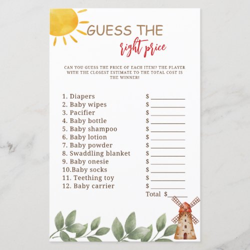 Guess The Price Game Baby Shower Farm Themed