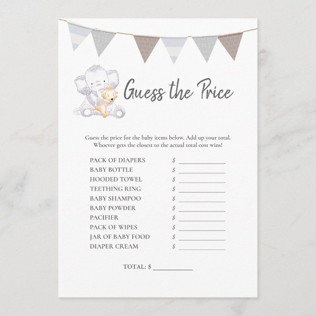 Guess The Price Game Modern Baby Elephant Card | Zazzle