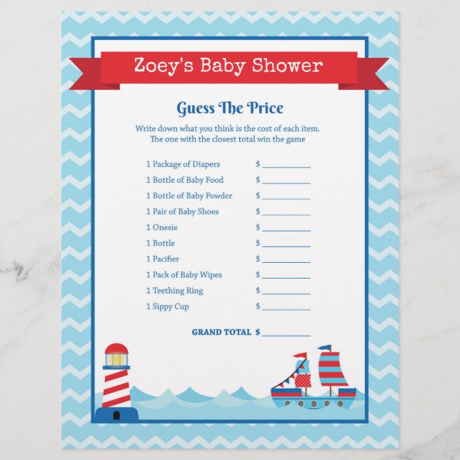 Guess The Price Game Nautical Theme Baby Shower (Front)