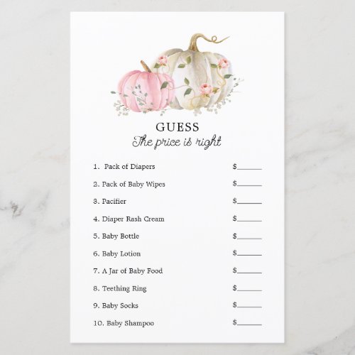 Guess the Price Girl Fall Baby Shower Game