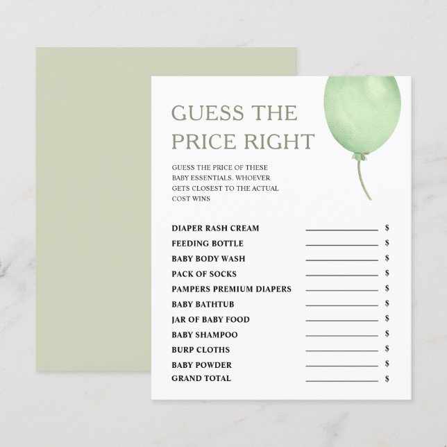 Guess The Price Green Balloon Boy Baby Shower Game (Front/Back)
