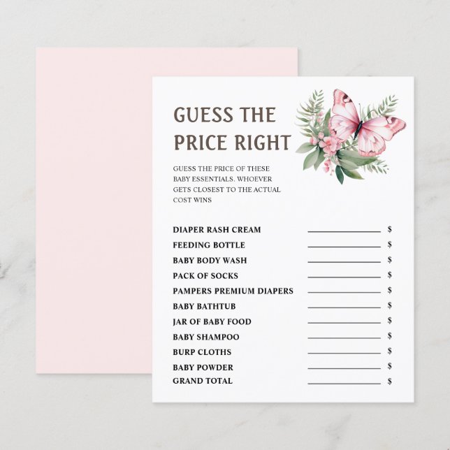 Guess The Price | Pink Butterfly Baby Shower Game (Front/Back)