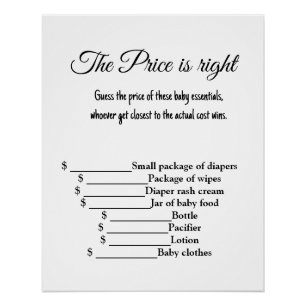 guess the price right baby shower games poster