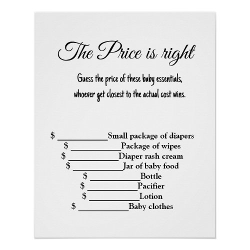 guess the price right baby shower games poster