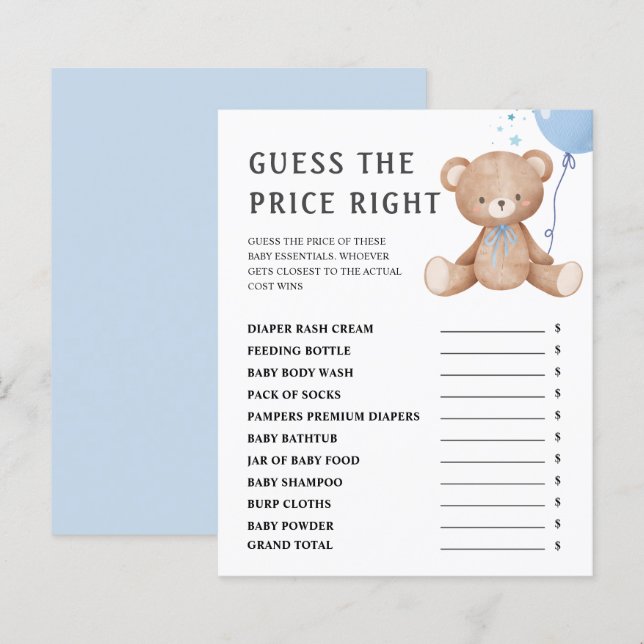 Guess The Price | Teddy Bear Boy Baby Shower Game (Front/Back)