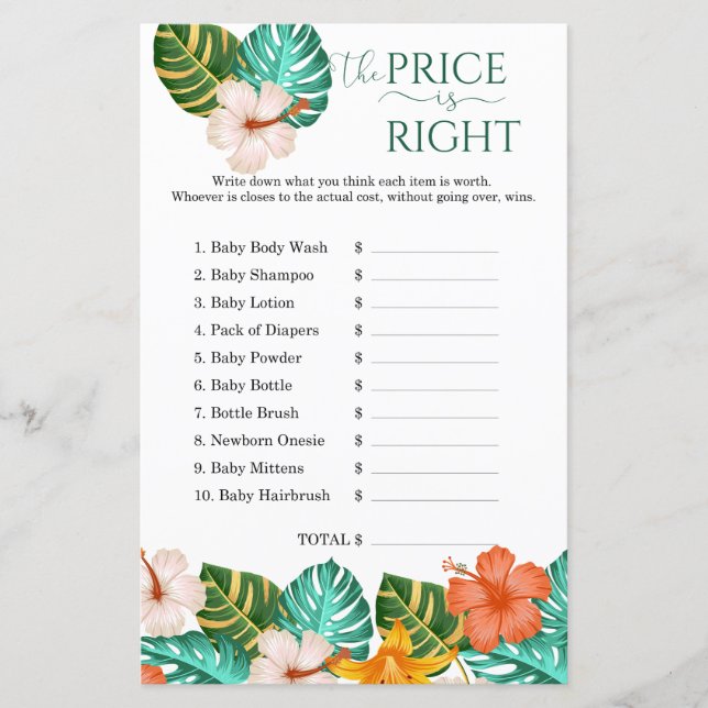Guess the Price Tropical Floral Baby Shower Game (Front)