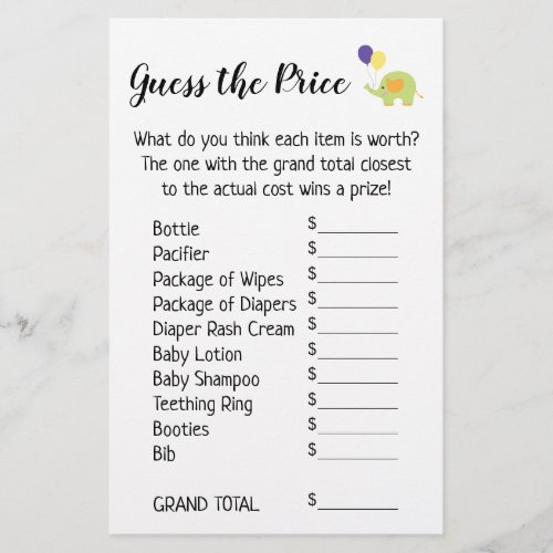 Guess the Price White w Cute Elephant Game Sheets Stationery