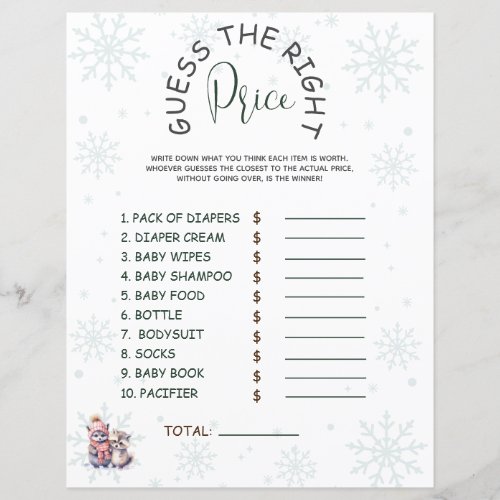 Guess The Price Winter Animal Baby Shower Game