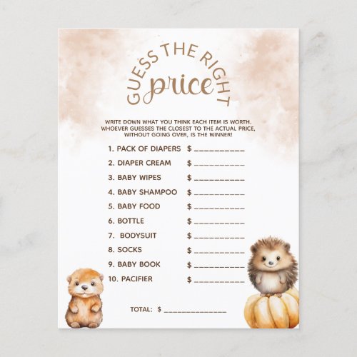 Guess the Price Woodland Animals Baby Shower Game