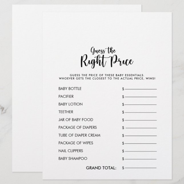 Guess the Right Price Baby Shower Game (Front/Back)