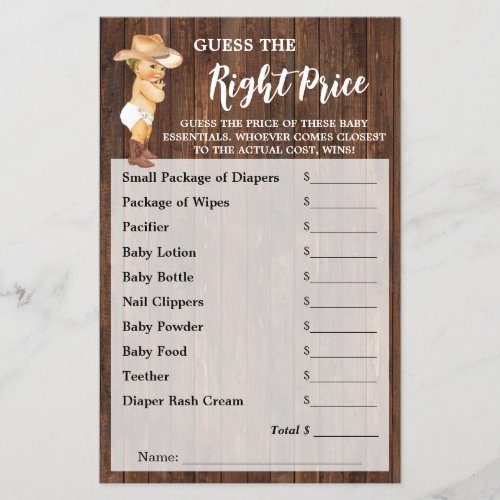 Guess the Right Price Cowboy Baby Shower Game Flyer