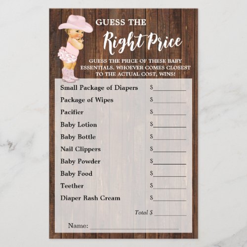 Guess the Right Price Cowgirl Baby Shower Game Flyer