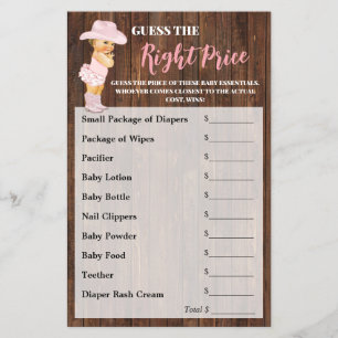 Guess the Right Price Cowgirl Baby Shower Game Flyer