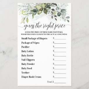 Guess the Right Price Greenery Baby Shower Game Flyer
