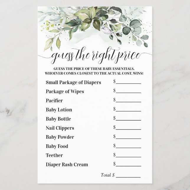 Guess the Right Price Greenery Baby Shower Game Flyer (Front)