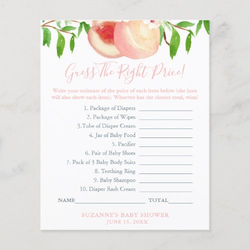 Guess The Right Price Sweet Peach Baby Shower Game Flyer