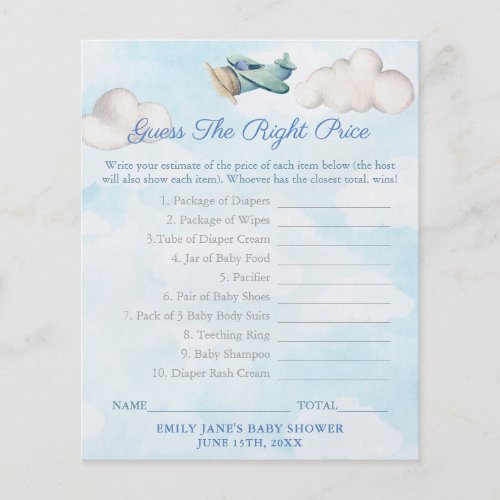 Guess The Right Price Travel Baby Shower Game Card Flyer