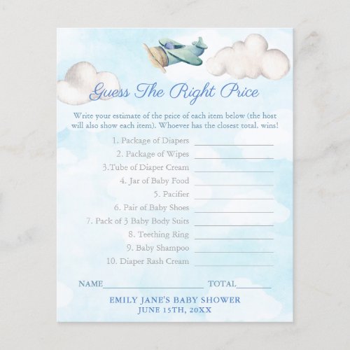 Guess The Right Price Travel Baby Shower Game Card Flyer
