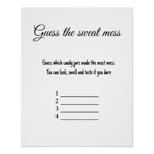 guess the sweat mess baby shower game poster