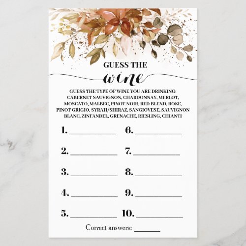 Guess the Wine Autumn Bridal Shower Game Card Flyer