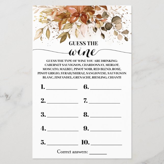 Guess the Wine Autumn Bridal Shower Game Card Flyer (Front)