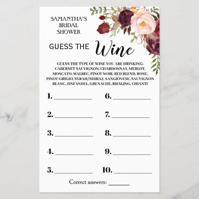 Guess the Wine Bridal Shower Marsala Game Card Flyer (Front)