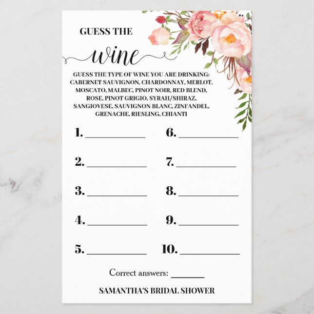 Guess the Wine Bridal Shower Pink Game Card Flyer (Front)