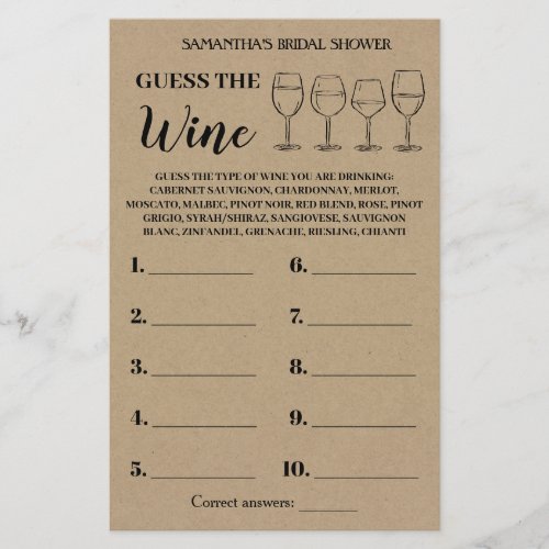 Guess the Wine Rustic Bridal Shower Game Card Flyer