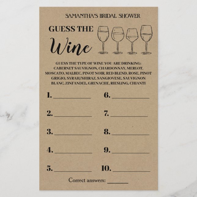 Guess the Wine Rustic Bridal Shower Game Card Flyer (Front)