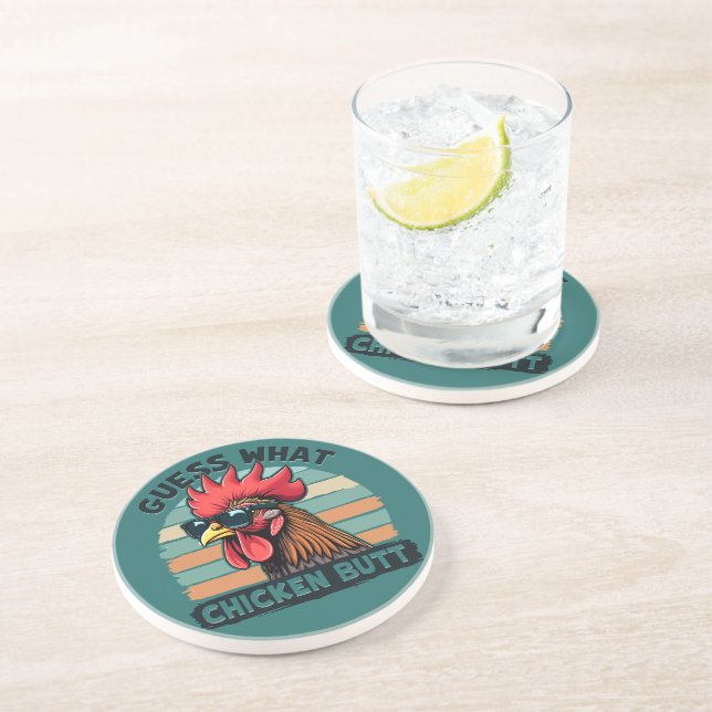 Guess What Chicken Butt Funny Retro Rooster Coaster (Side)