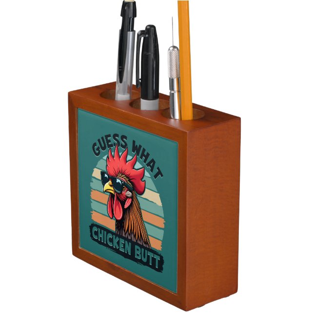 Guess What Chicken Butt Funny Retro Rooster Desk Organizer (In Situ)