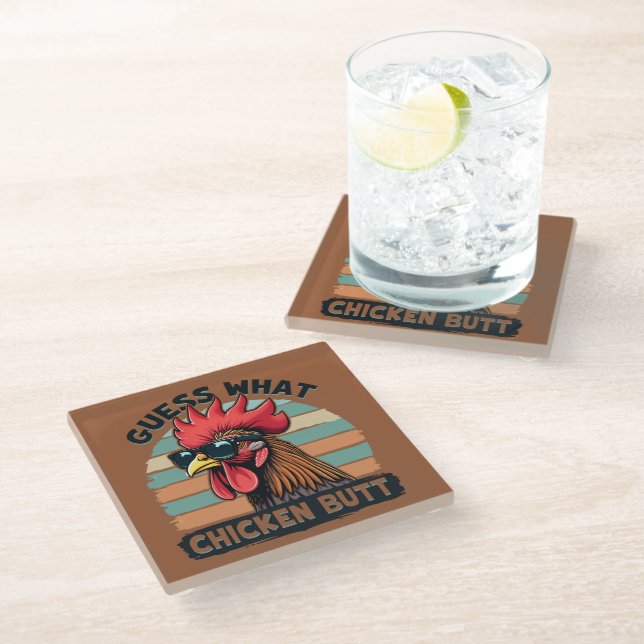 Guess What Chicken Butt Funny Retro Rooster Glass Coaster (Angled)