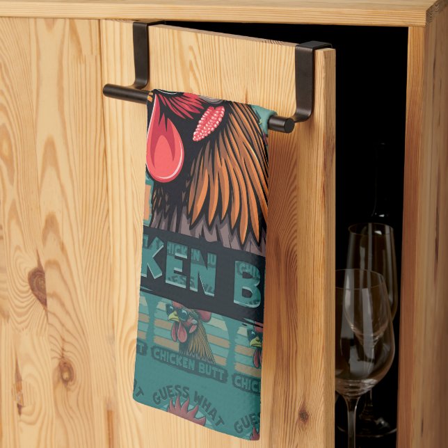 Guess What Chicken Butt Funny Retro Rooster Kitchen Towel (Thirds Fold)
