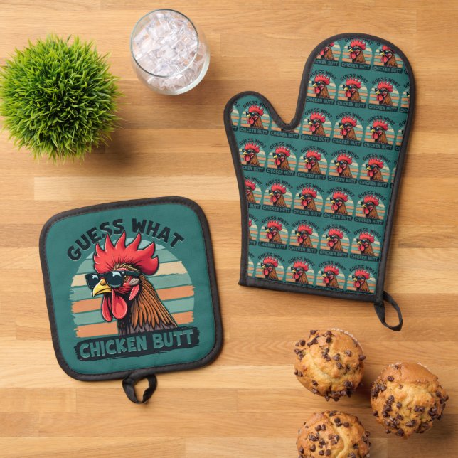 Guess What Chicken Butt Funny Retro Rooster Oven Mitt & Pot Holder Set (Top Down)