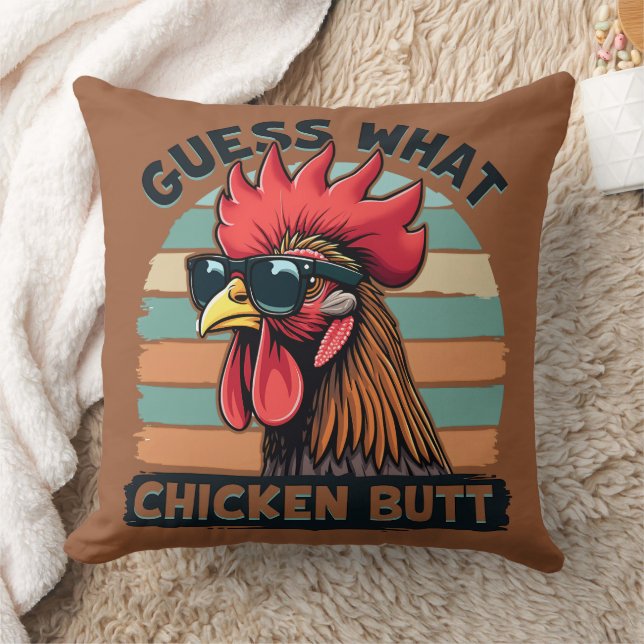 Guess What Chicken Butt Funny Retro Rooster Throw Pillow (Blanket)