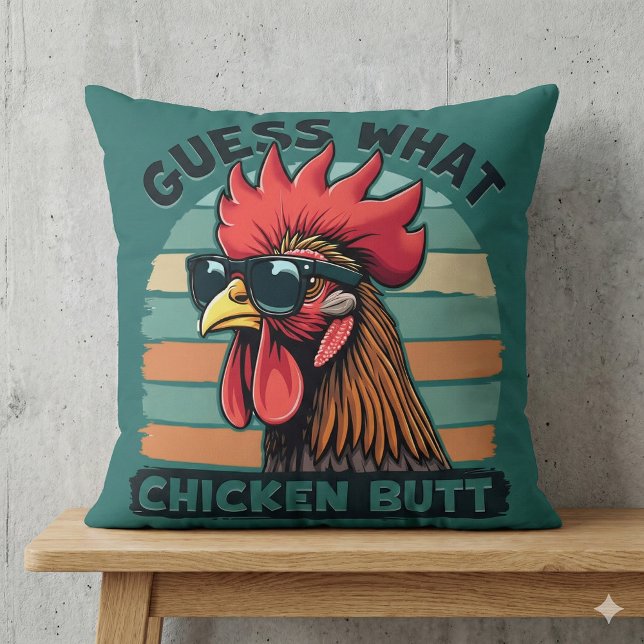 Guess What Chicken Butt Funny Retro Rooster Throw Pillow (Guess What Chicken Butt Funny Retro Rooster Throw Pillow Mockup A)