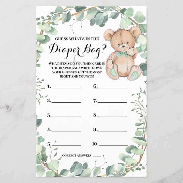Guess What is in Baby Bag Bear Shower Game Card Flyer (Front)
