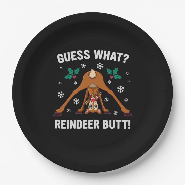 Guess What Reindeer Butt Christmas Joke Paper Plates (Front)