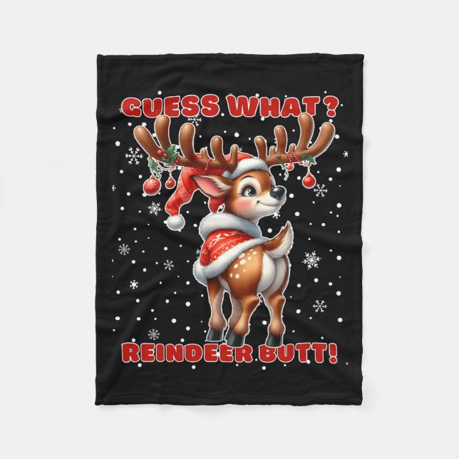 Guess What Reindeer Butt Funny Christmas Humor Red Fleece Blanket (Front)