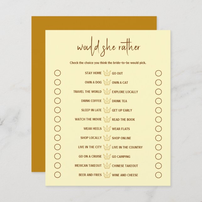 Guess What The Bride Would Pick Bridal Shower Game (Front/Back)