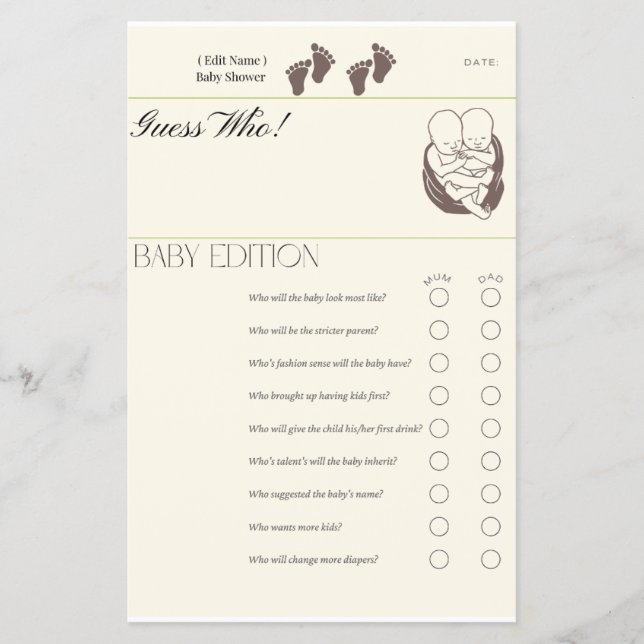 Guess Who – Baby Edition Game Card | Twin Baby Sho Flyer (Front)