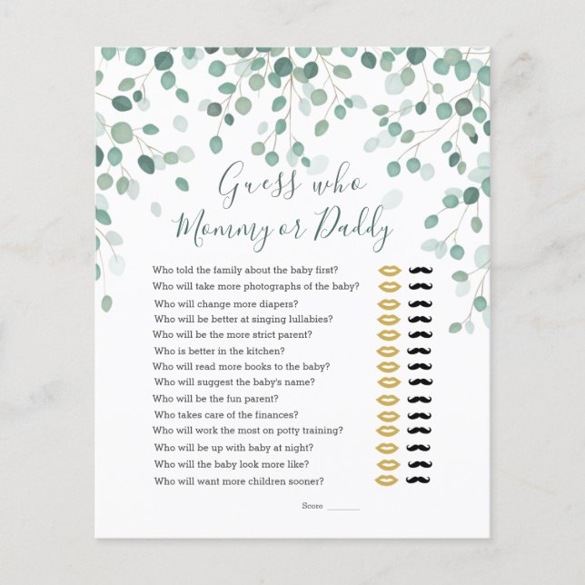 Guess Who Baby Shower Game Eucalyptus Leaves (Front)