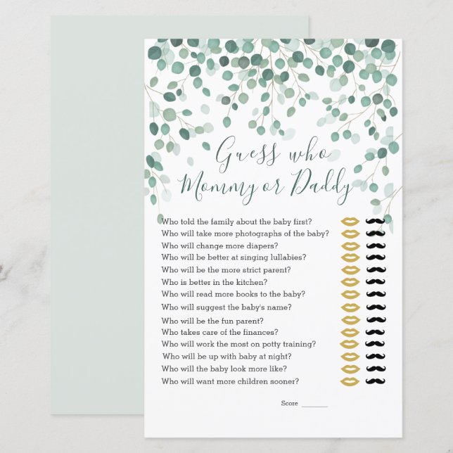 Guess Who Baby Shower Game Eucalyptus Leaves (Front/Back)