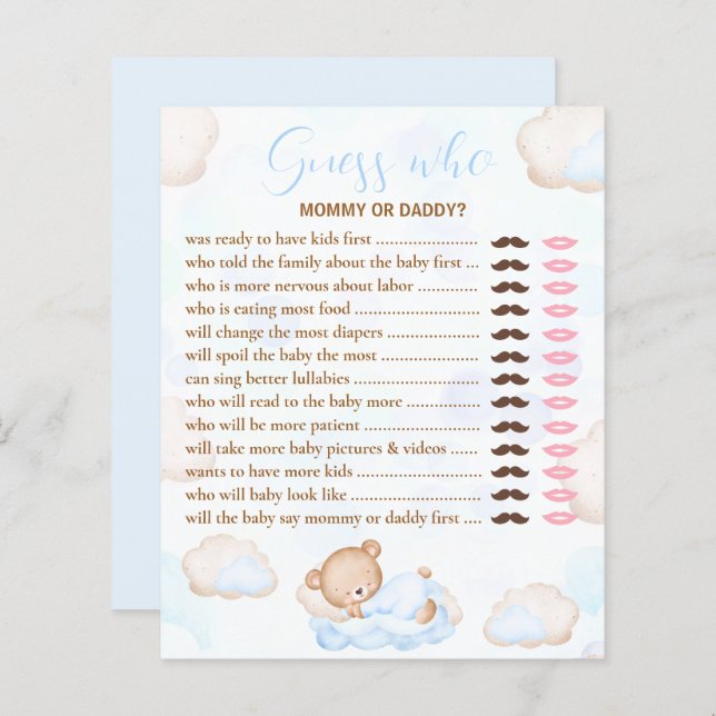 Guess Who Bear Blue Baby Shower Game (Front/Back)