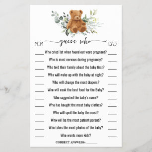 Guess Who Bear Greenery Baby Shower Game Card Flyer